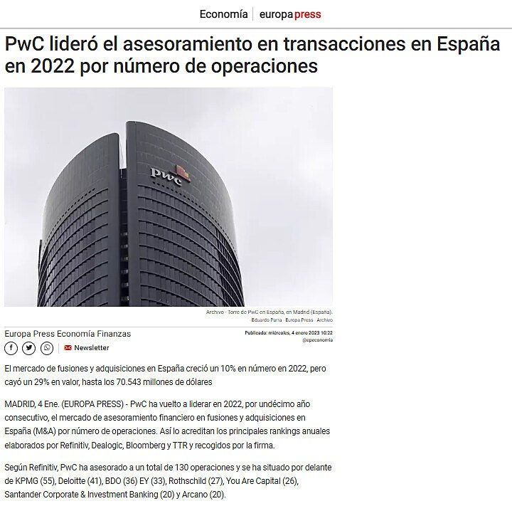 PwC lider el asesoramiento en transacciones en Espaa en 2022 por nmero de operaciones
